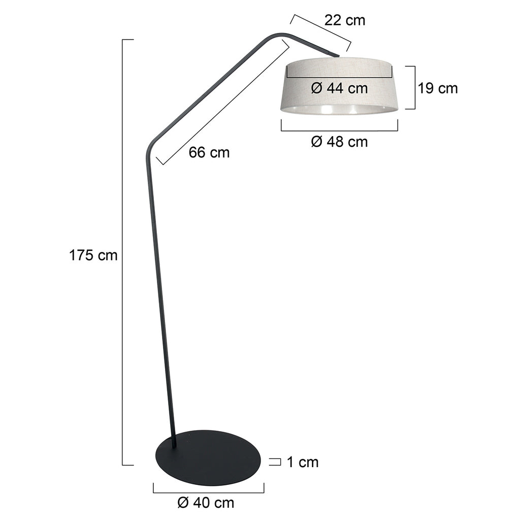 Stehlampe aus schwarzem Metall mit versetztem Arm und Schirm in Naturweiß – H173 cm