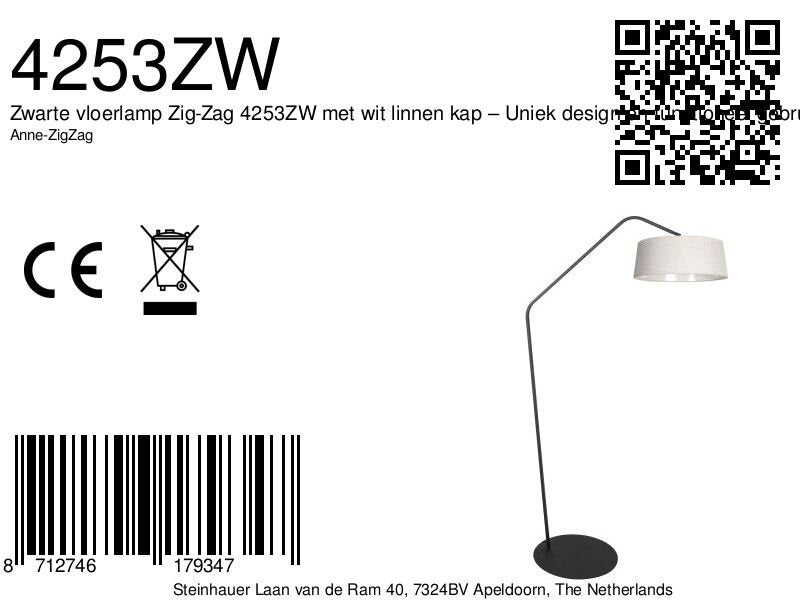 Stehlampe aus schwarzem Metall mit versetztem Arm und Schirm in Naturweiß – H173 cm