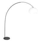 Schwarze Bogenlampe mit rundem weißem Kunststoffschirm – H210 cm