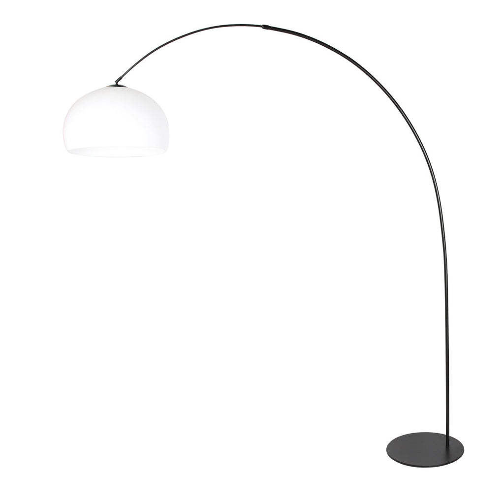 Schwarze Bogenlampe mit rundem weißem Kunststoffschirm – H210 cm