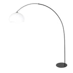 Schwarze Bogenlampe mit rundem weißem Kunststoffschirm – H210 cm