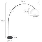 Schwarze Bogenlampe mit rundem weißem Kunststoffschirm – H210 cm