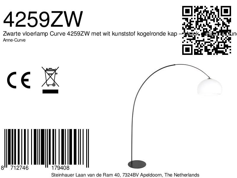Schwarze Bogenlampe mit rundem weißem Kunststoffschirm – H210 cm