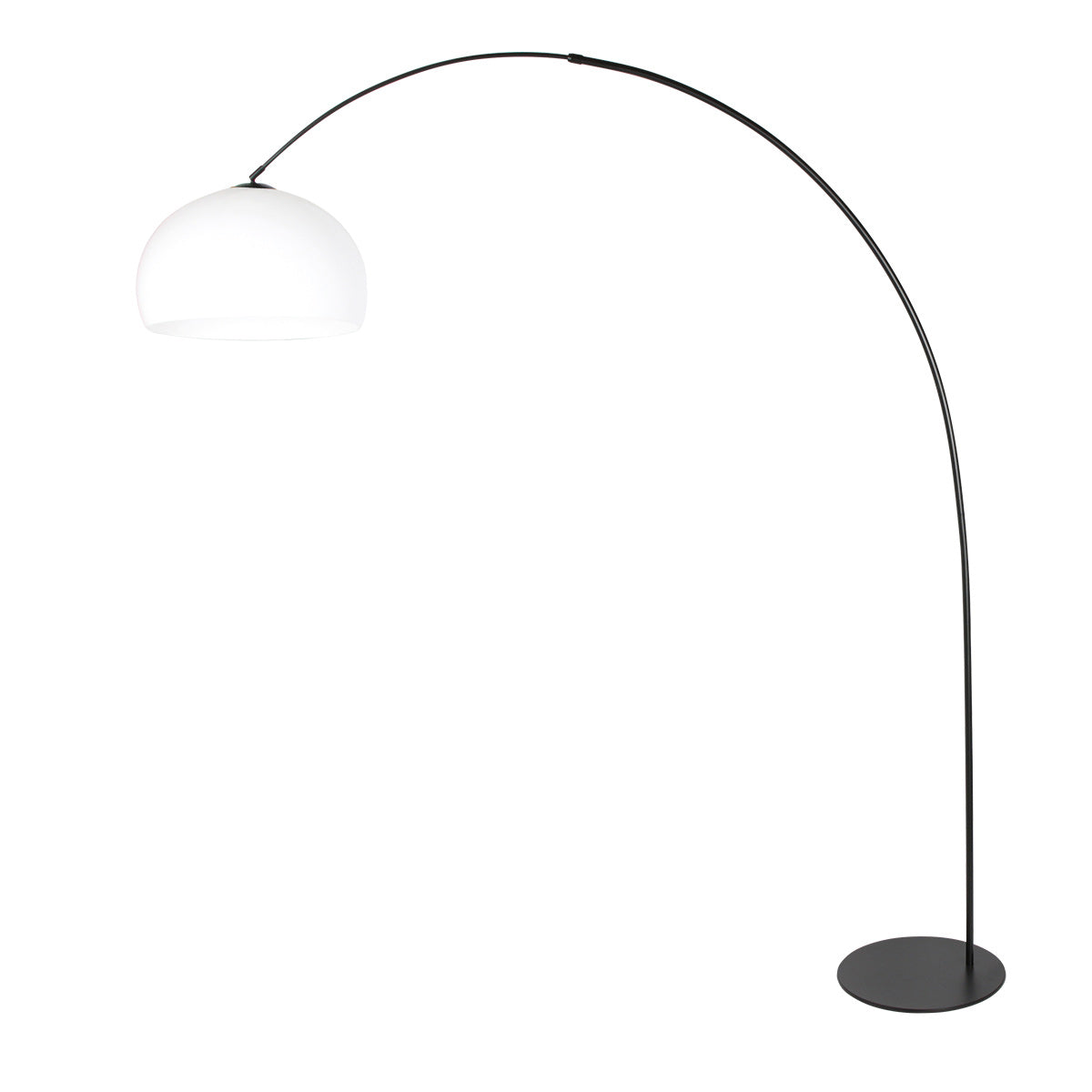 Schwarze Bogenlampe mit rundem weißem Kunststoffschirm – H210 cm