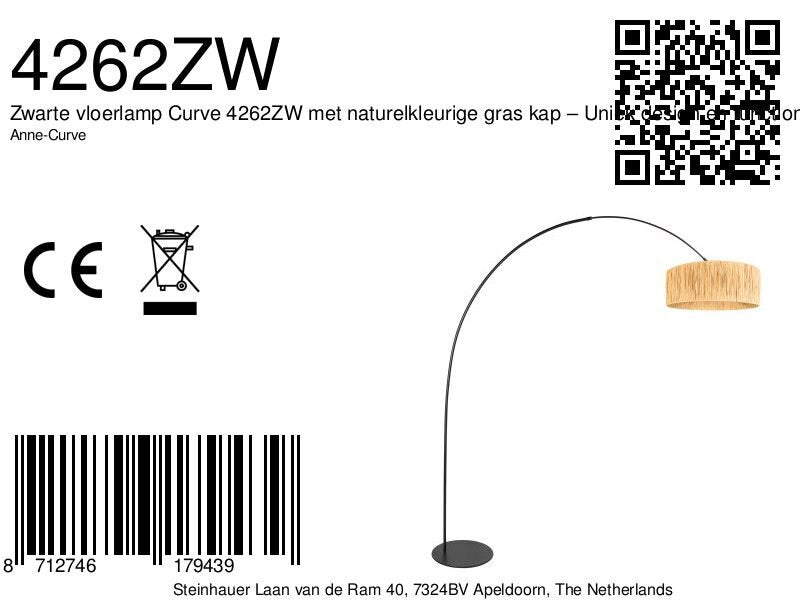 Bogenlampe aus schwarzem Metall mit Schirm aus Naturfasern – H210 cm