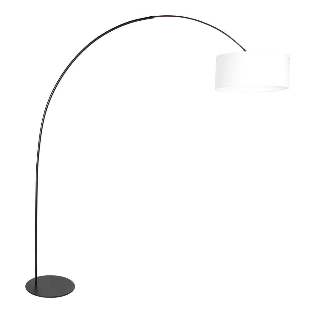 Bogenlampe aus schwarzem Metall mit weißem Leinenschirm – H210 cm