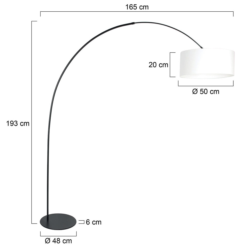 Bogenlampe aus schwarzem Metall mit weißem Leinenschirm – H210 cm