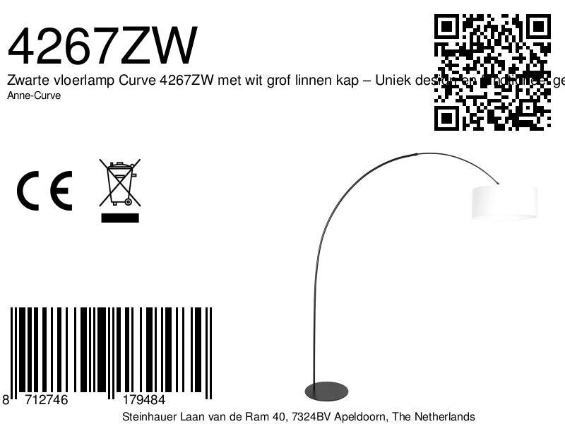 Bogenlampe aus schwarzem Metall mit weißem Leinenschirm – H210 cm