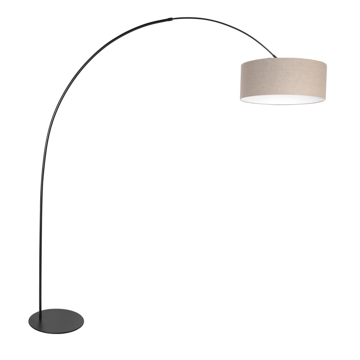 Bogenlampe aus schwarzem Metall mit zylindrischem Leinenschirm in Beige – H193 cm