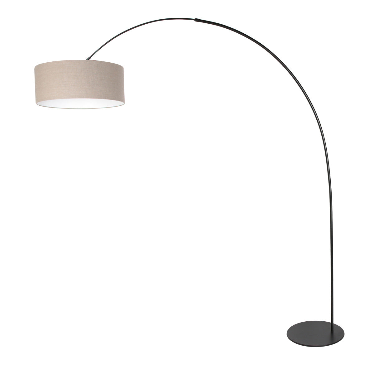 Bogenlampe aus schwarzem Metall mit zylindrischem Leinenschirm in Beige – H193 cm