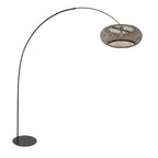 Schwarze Stehlampe mit Schirm aus geflochtenem Bambus und Bogenarm – H193 cm