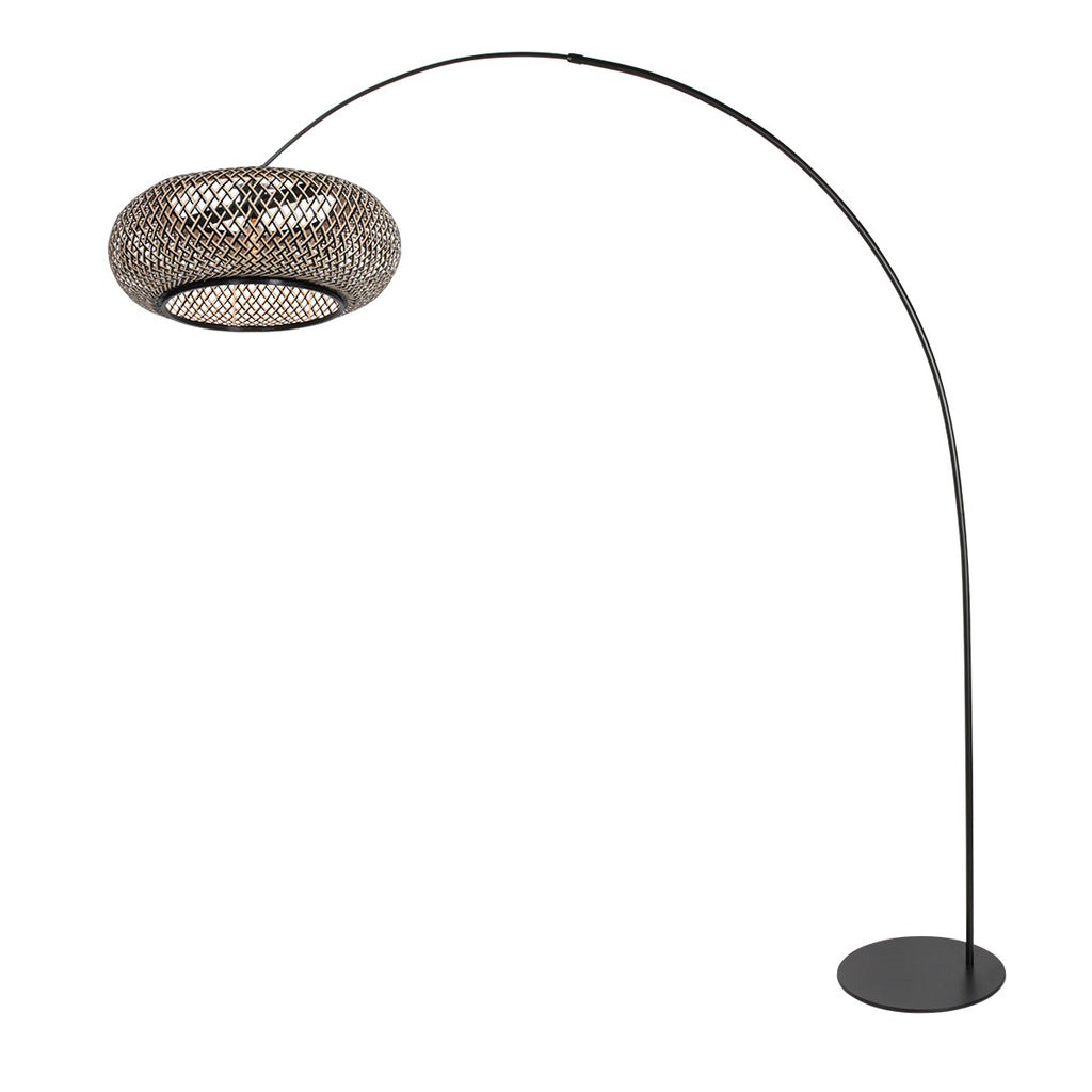 Schwarze Stehlampe mit Schirm aus geflochtenem Bambus und Bogenarm – H193 cm