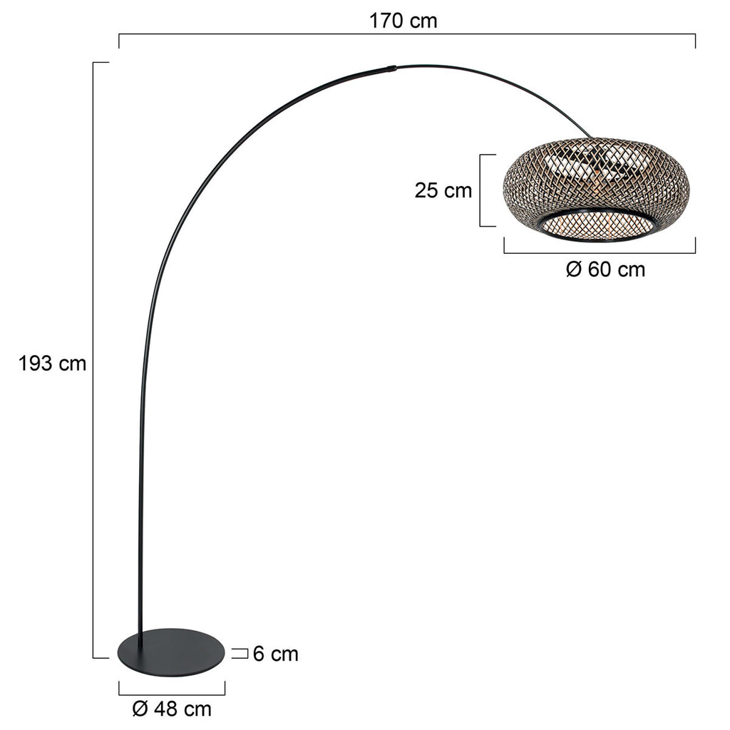 Schwarze Stehlampe mit Schirm aus geflochtenem Bambus und Bogenarm – H193 cm