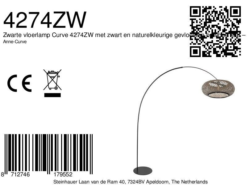 Schwarze Stehlampe mit Schirm aus geflochtenem Bambus und Bogenarm – H193 cm