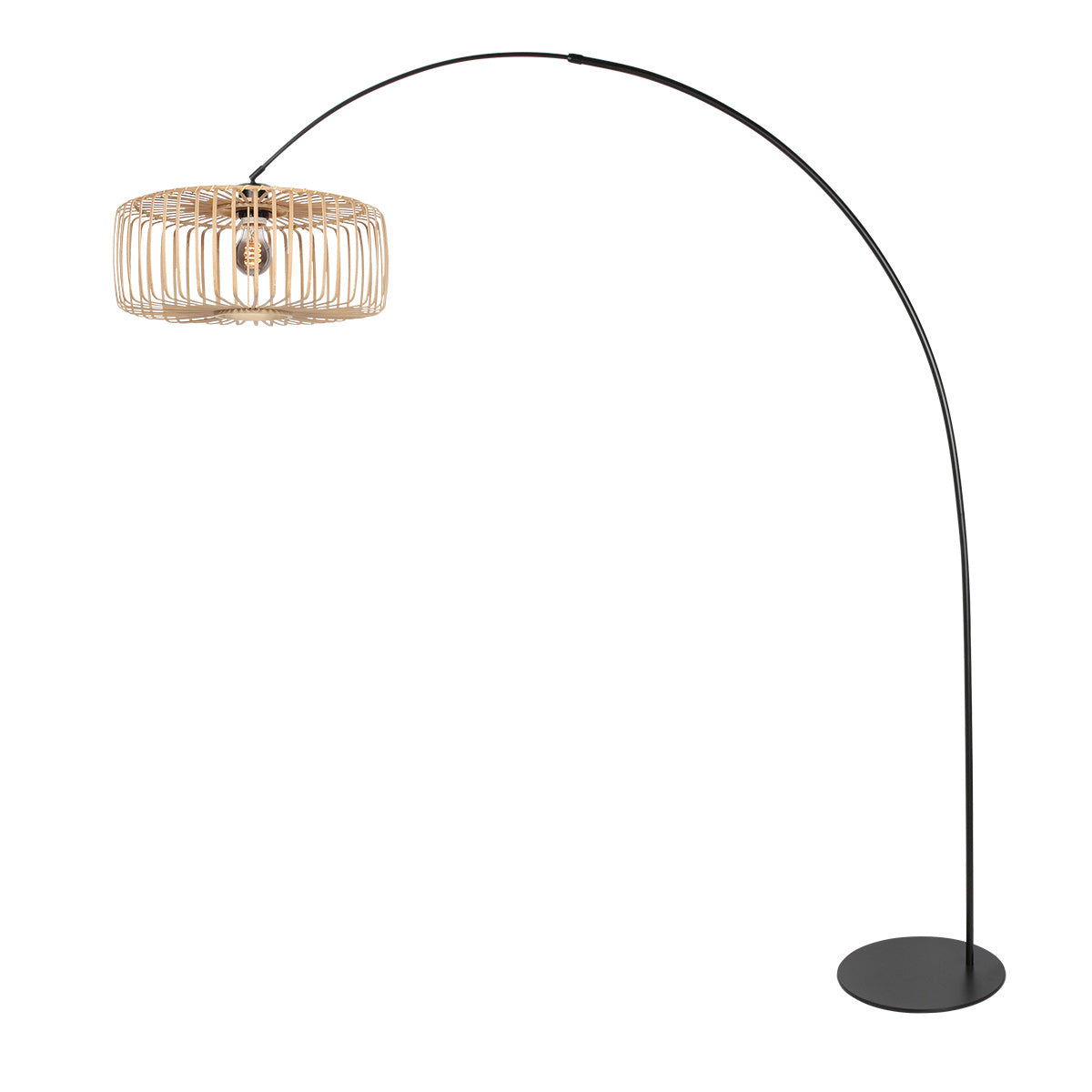 Bogenlampe aus Metall in Schwarz mit Rattanschirm – H193 cm