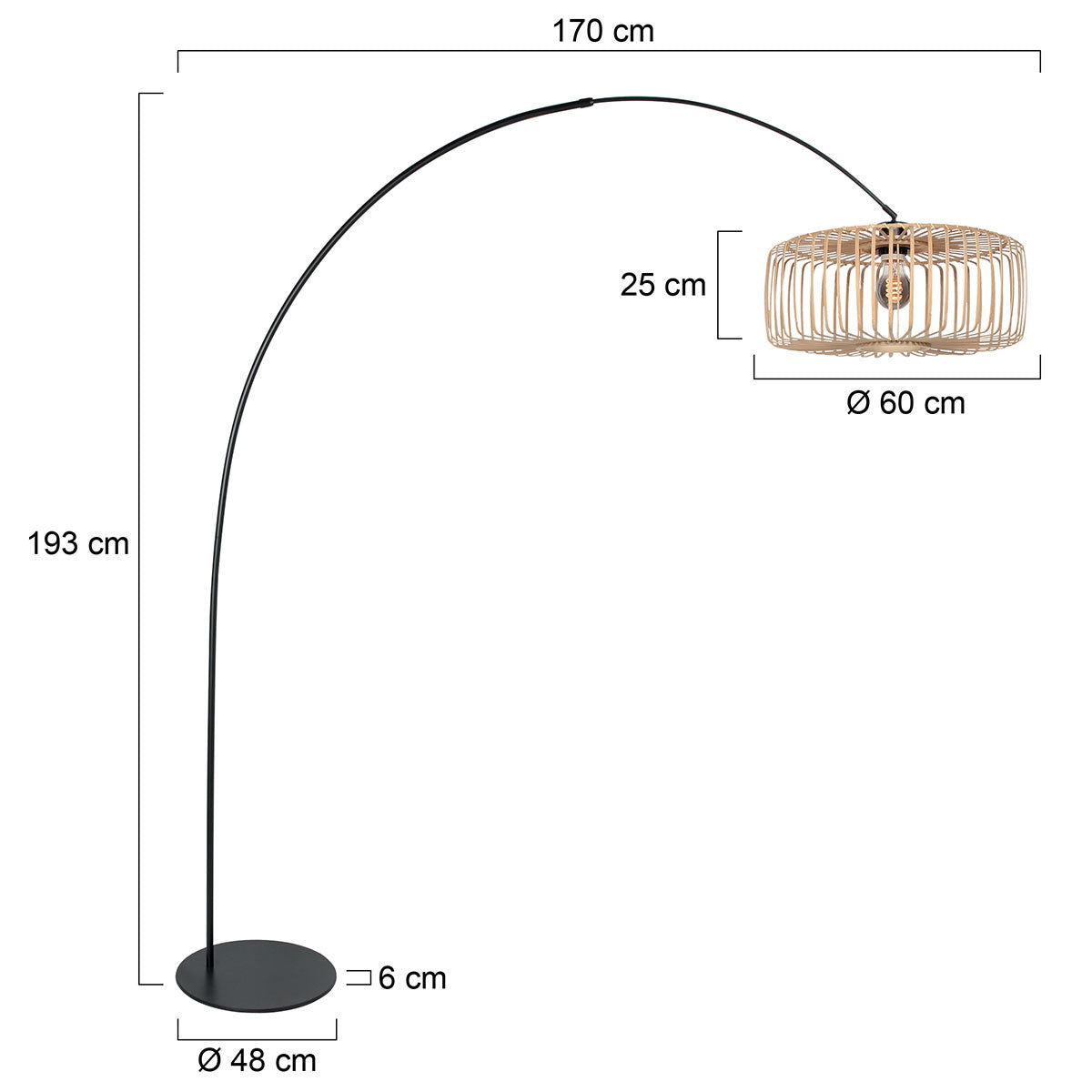 Bogenlampe aus Metall in Schwarz mit Rattanschirm – H193 cm