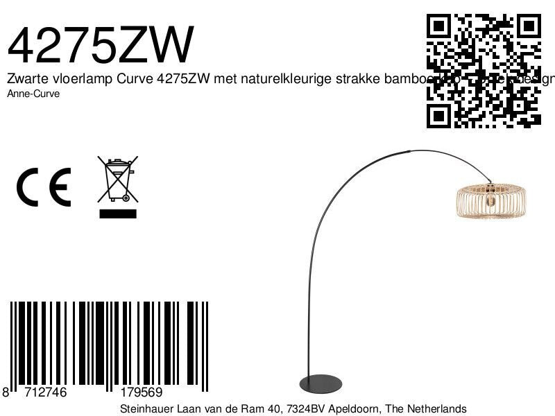 Bogenlampe aus Metall in Schwarz mit Rattanschirm – H193 cm