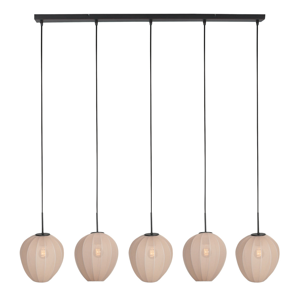 Hängeleuchte in Schwarz mit 5 cremefarbenen Schirmen in Reihe – 110x25 cm