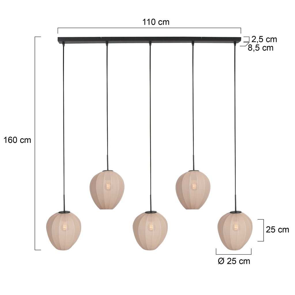 Hängeleuchte in Schwarz mit 5 cremefarbenen Schirmen in Reihe – 110x25 cm