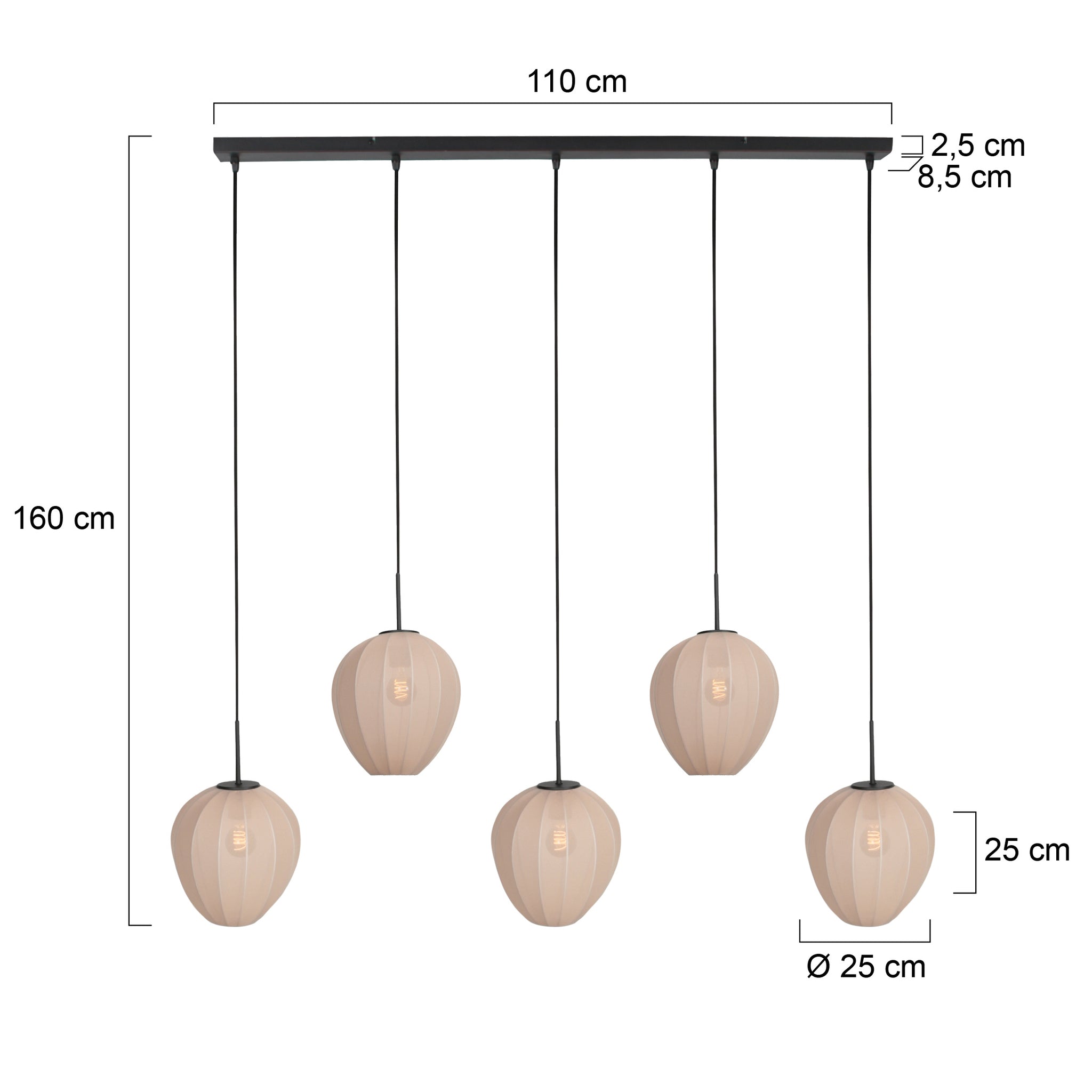 Hängeleuchte in Schwarz mit 5 cremefarbenen Schirmen in Reihe – 110x25 cm