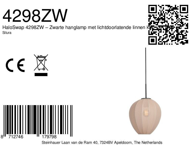 Hängeleuchte aus cremefarbenem Leinen in Tropfenform an schwarzem Kabel – Ø25 cm