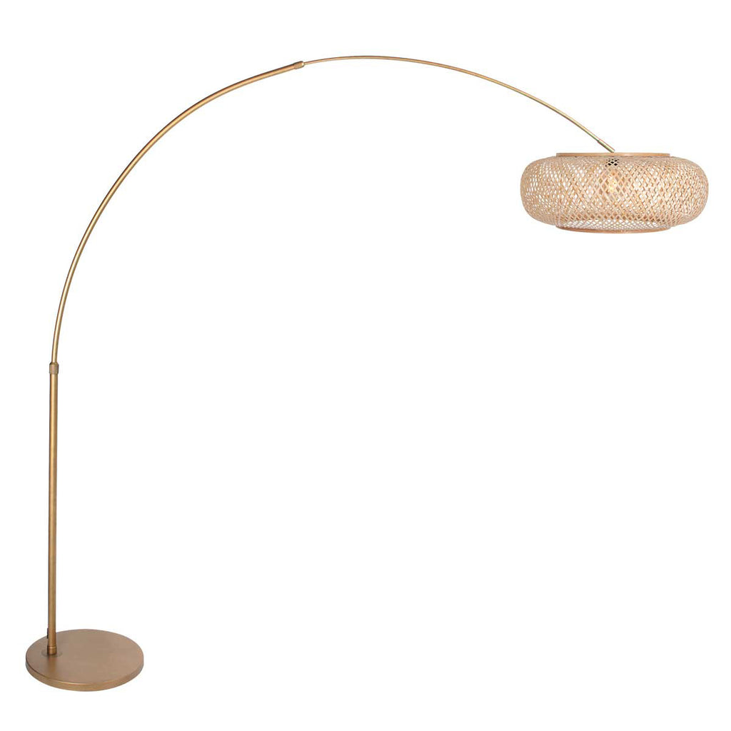 Bogenlampe aus goldfarbenem Metall mit durchbrochenem Rattanschirm – Ø60 cm