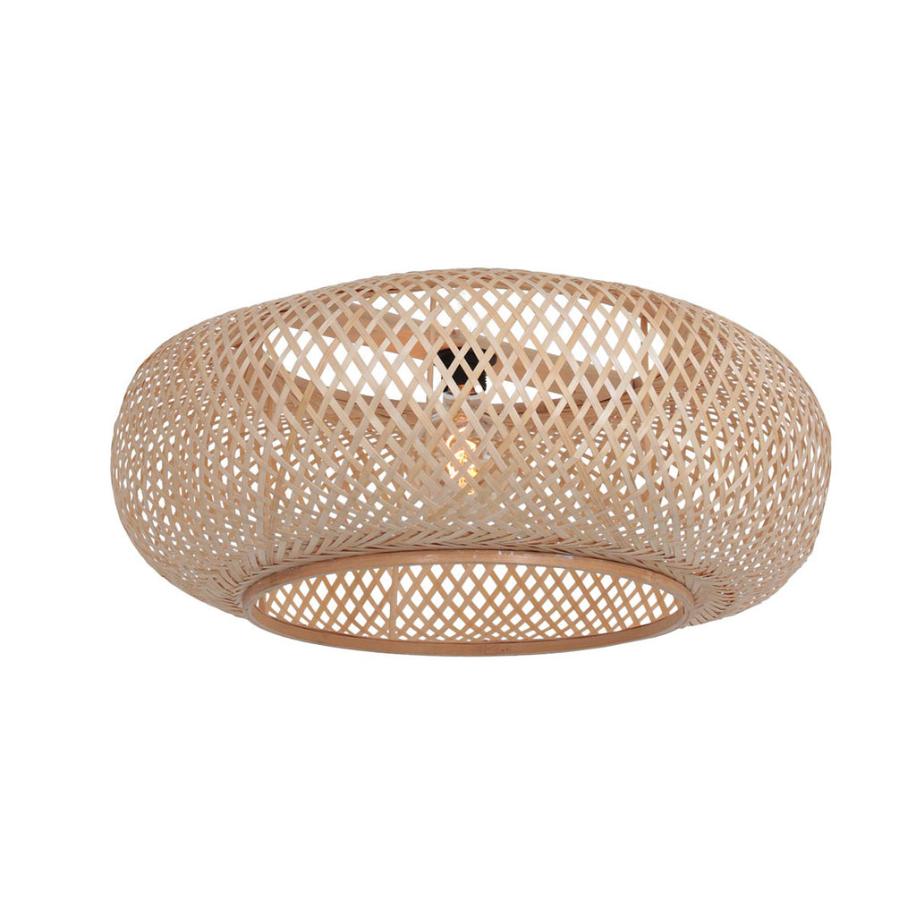 Bogenlampe aus goldfarbenem Metall mit durchbrochenem Rattanschirm – Ø60 cm