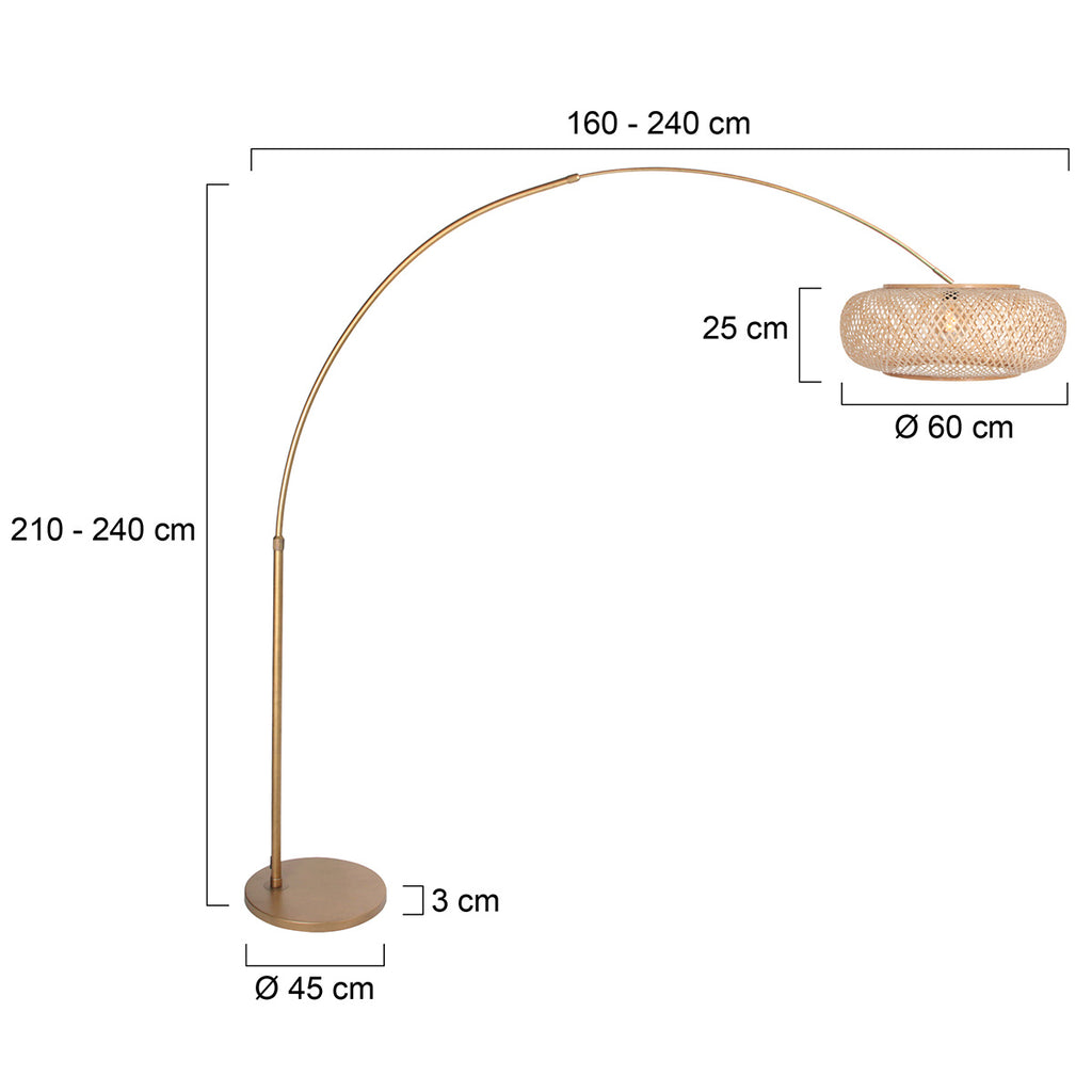 Bogenlampe aus goldfarbenem Metall mit durchbrochenem Rattanschirm – Ø60 cm
