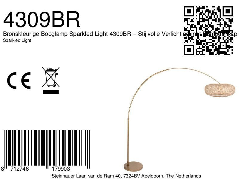 Bogenlampe aus goldfarbenem Metall mit durchbrochenem Rattanschirm – Ø60 cm