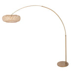Bogenlampe aus goldfarbenem Metall mit durchbrochenem Rattanschirm – Ø60 cm