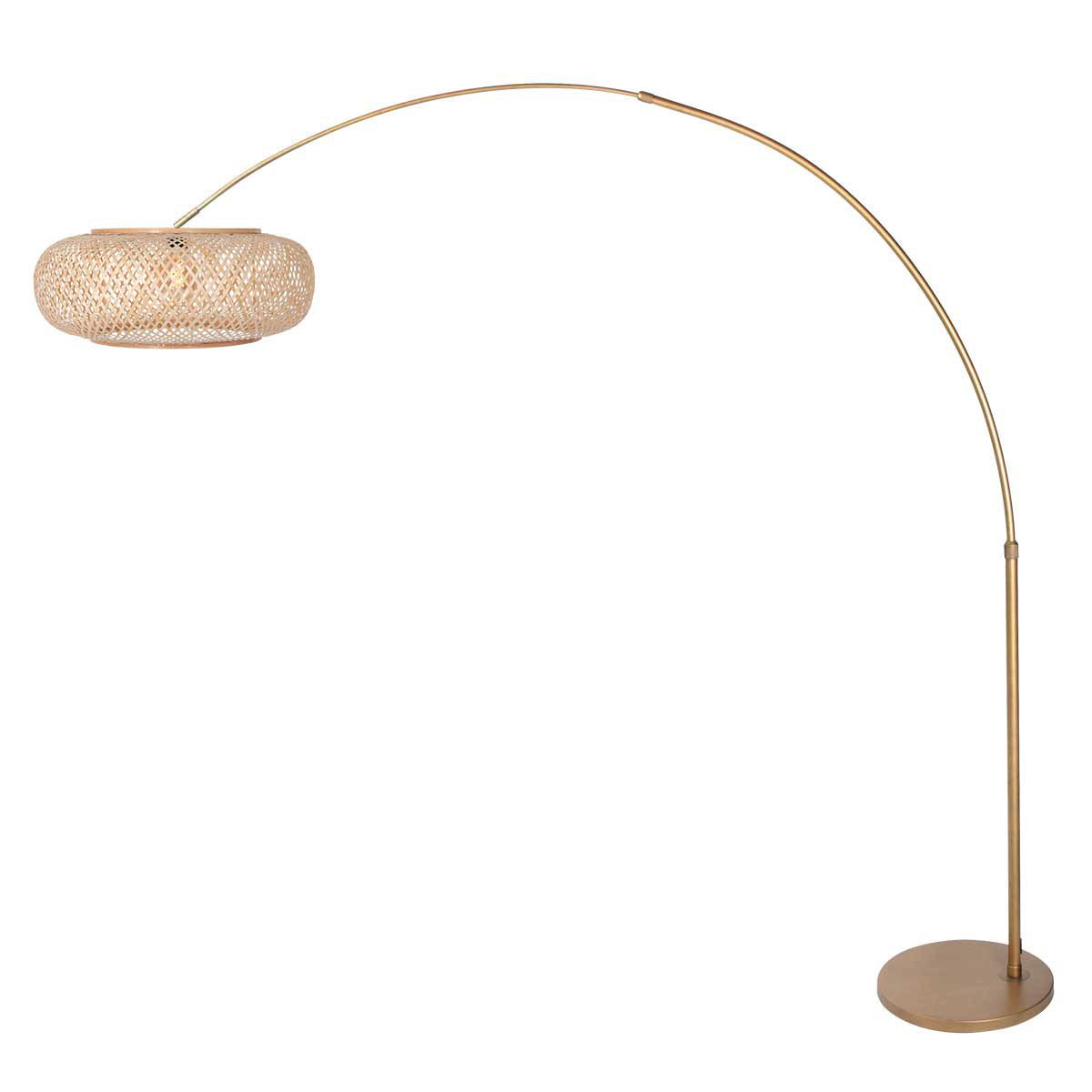 Bogenlampe aus goldfarbenem Metall mit durchbrochenem Rattanschirm – Ø60 cm