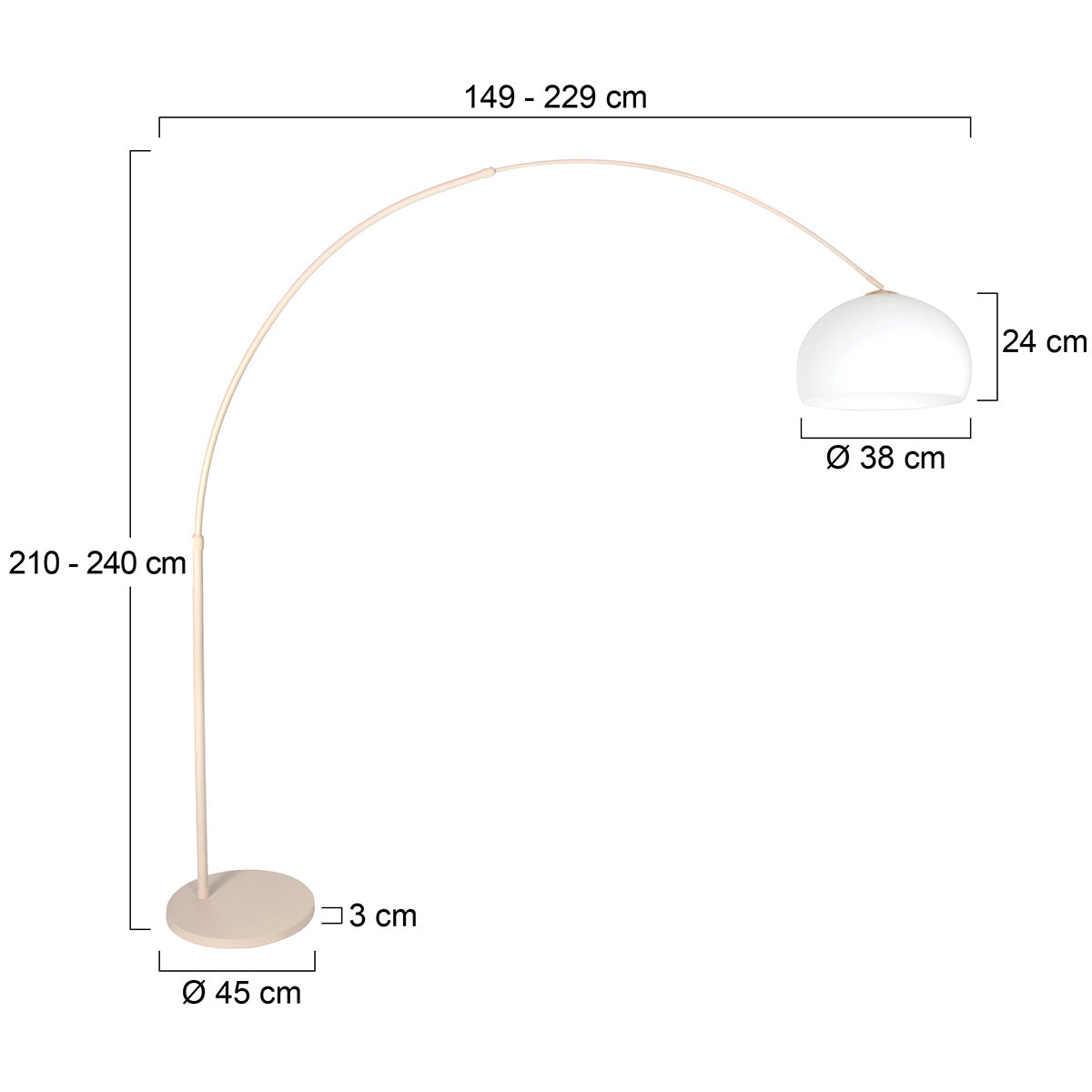 Bogenlampe aus Metall in Creme mit opalweißem Schirm – H240 cm