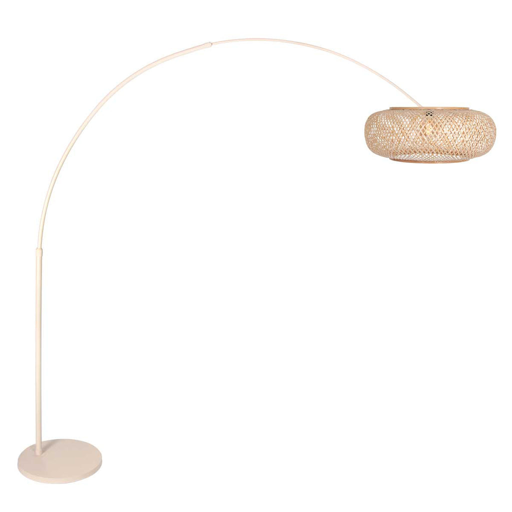 Bogenlampe aus geflochtenem Rattan in Creme mit rundem Schirm – H240 cm