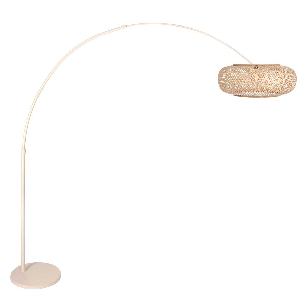 Bogenlampe aus geflochtenem Rattan in Creme mit rundem Schirm – H240 cm