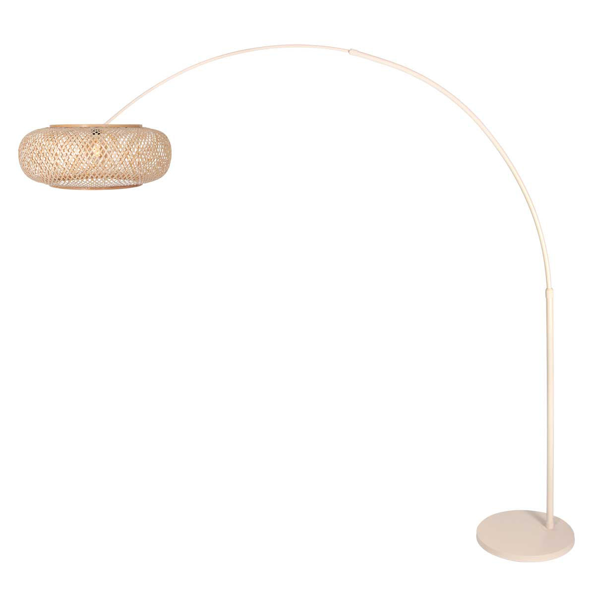 Bogenlampe aus geflochtenem Rattan in Creme mit rundem Schirm – H240 cm