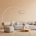 Bogenlampe aus geflochtenem Rattan in Creme mit rundem Schirm – H240 cm