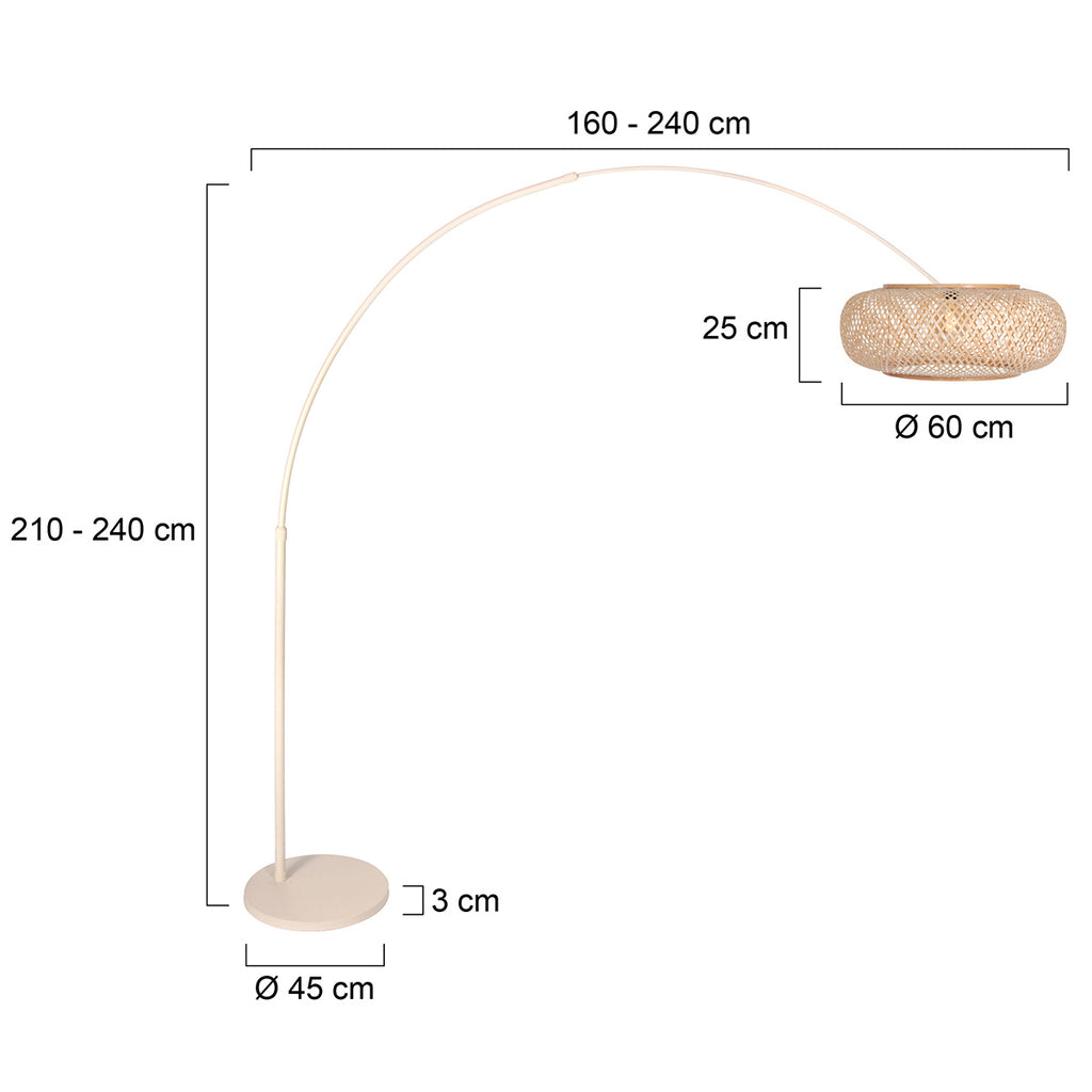 Bogenlampe aus geflochtenem Rattan in Creme mit rundem Schirm – H240 cm