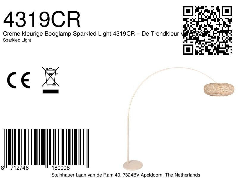 Bogenlampe aus geflochtenem Rattan in Creme mit rundem Schirm – H240 cm