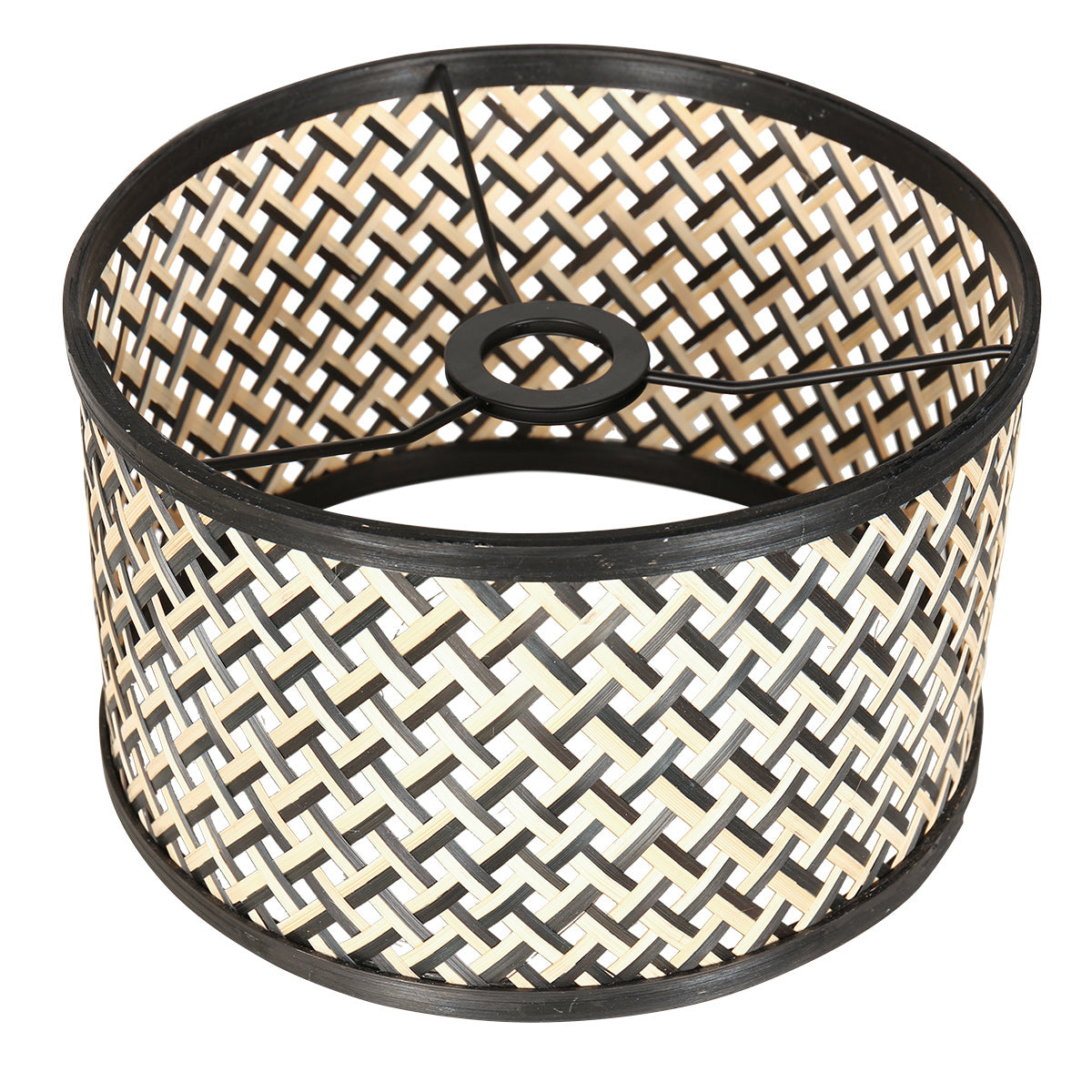 Lampadaire en métal noir abat-jour bambou motif chevrons – H144 cm