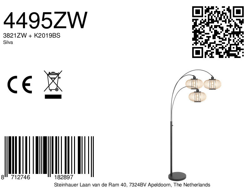 Stehlampe aus schwarzem Metall mit drei Bögen und offenen Schirmen aus hellem Holz