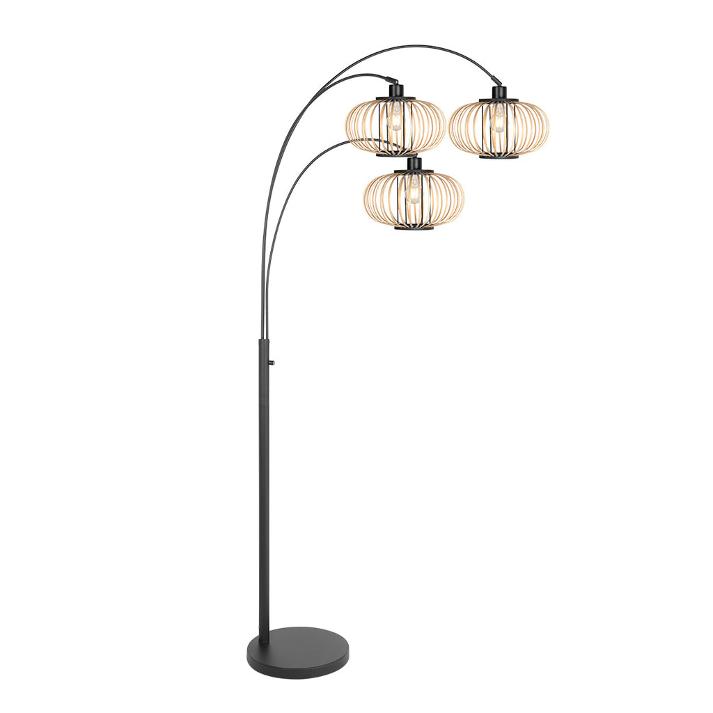 Stehlampe aus schwarzem Metall mit drei Bögen und offenen Schirmen aus hellem Holz