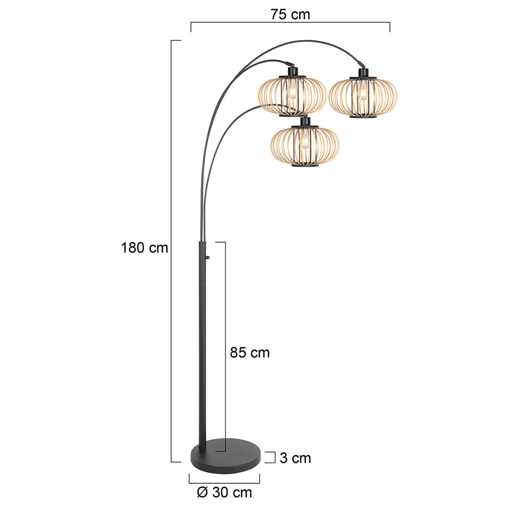 Stehlampe aus schwarzem Metall mit drei Bögen und offenen Schirmen aus hellem Holz