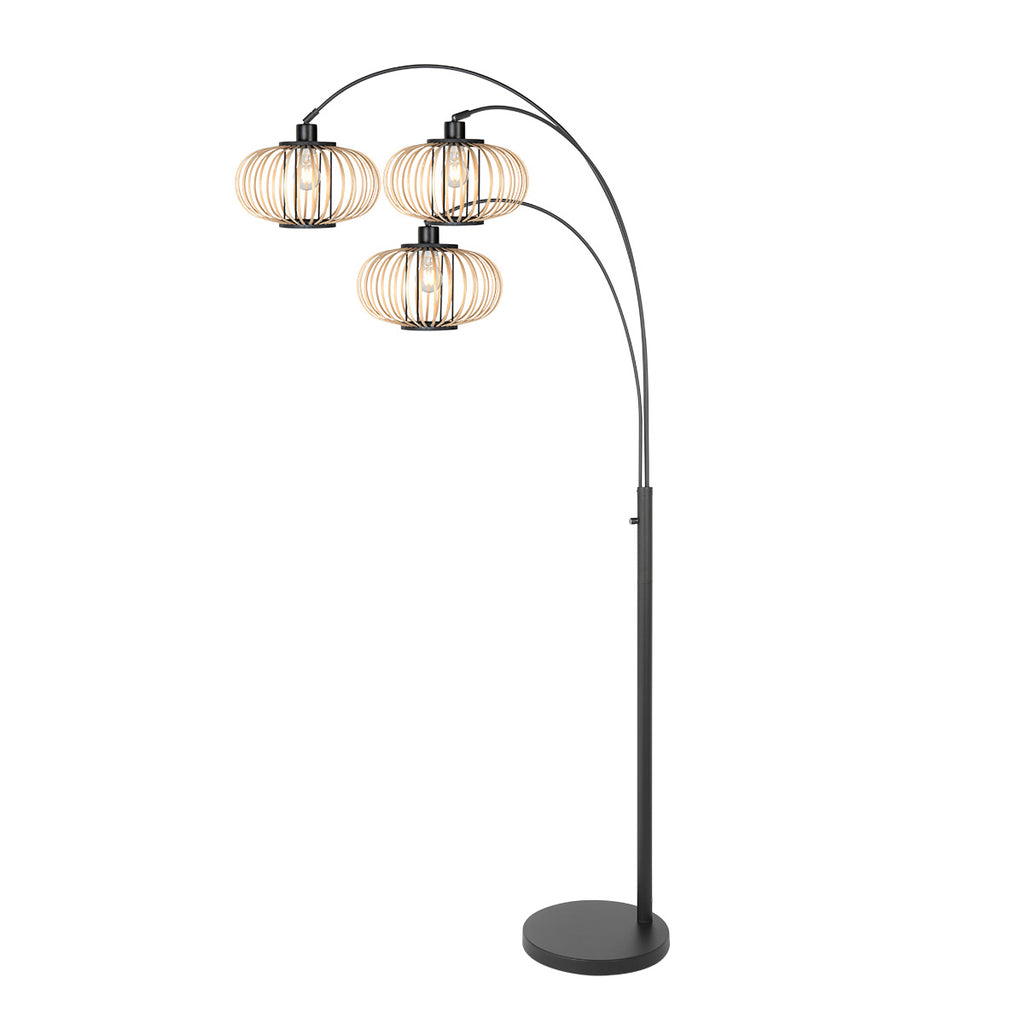 Stehlampe aus schwarzem Metall mit drei Bögen und offenen Schirmen aus hellem Holz