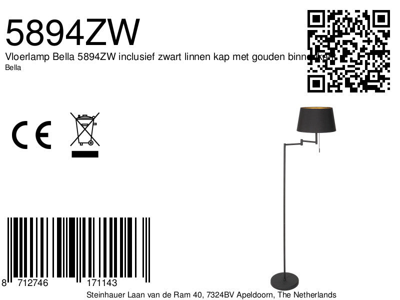 Stehlampe aus Metall in Mattschwarz mit goldfarbenem Schirminneren – H154 cm