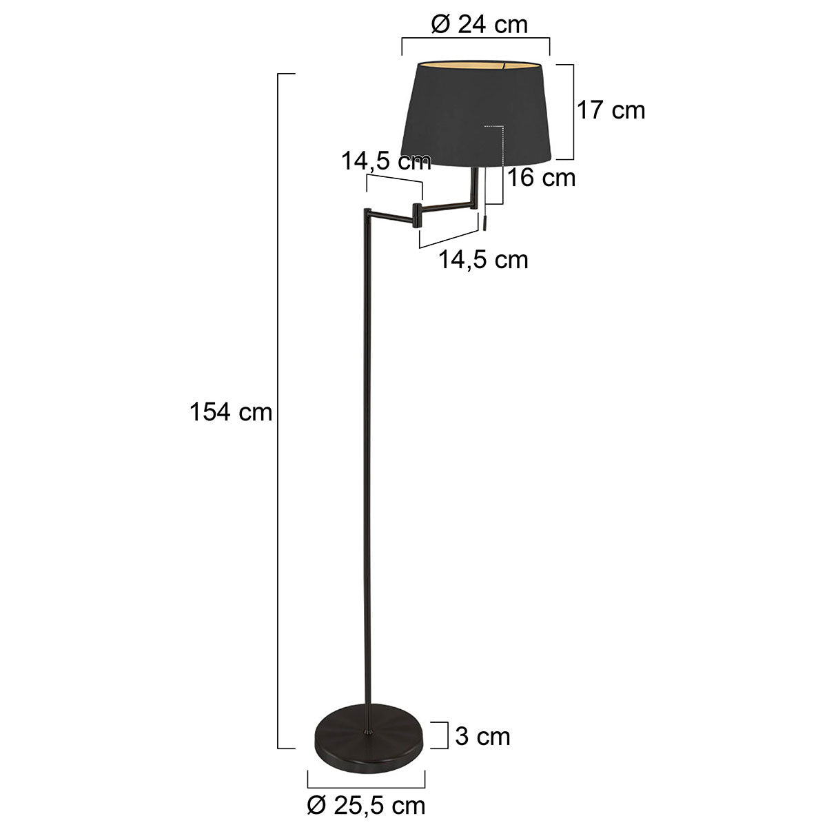 Stehlampe aus Metall in Mattschwarz mit goldfarbenem Schirminneren – H154 cm