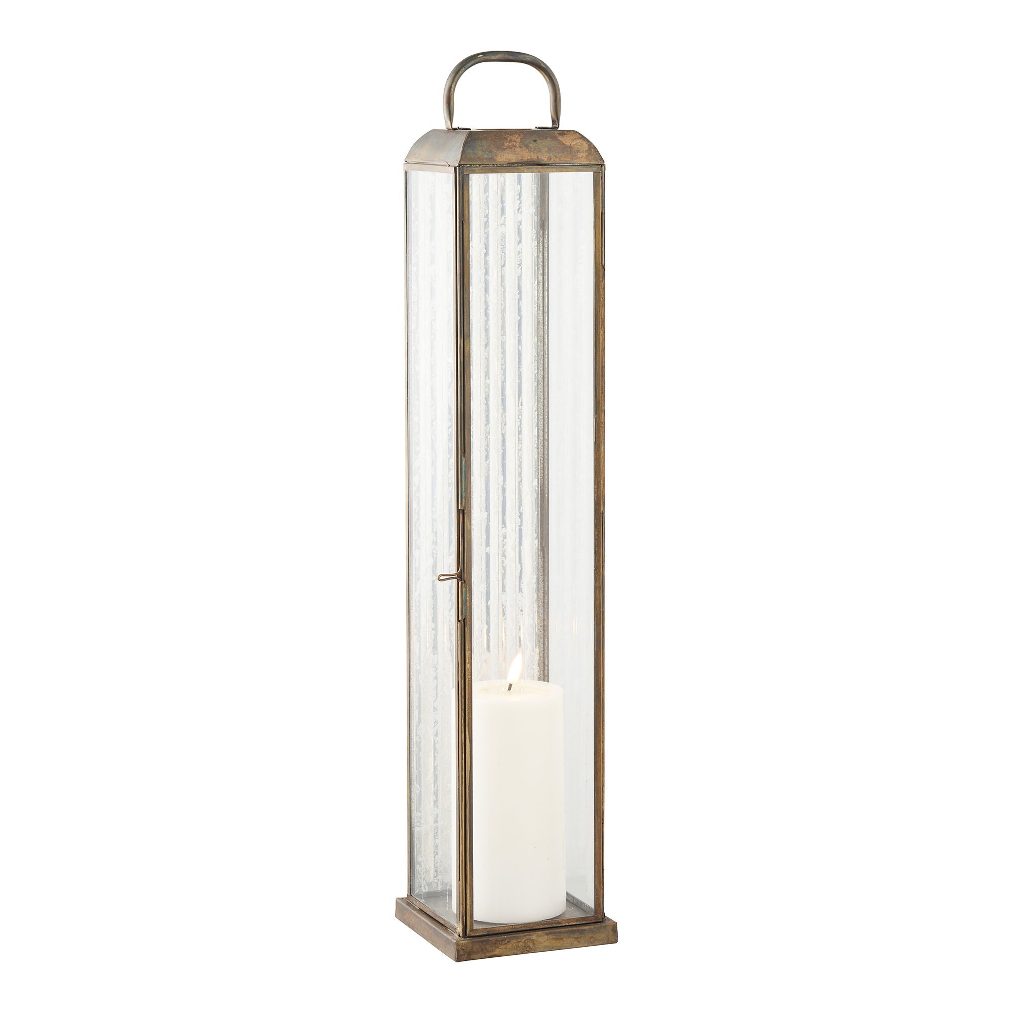 Laterne aus goldfarbenem Metall mit Riffelglas zum Stellen – H60 cm