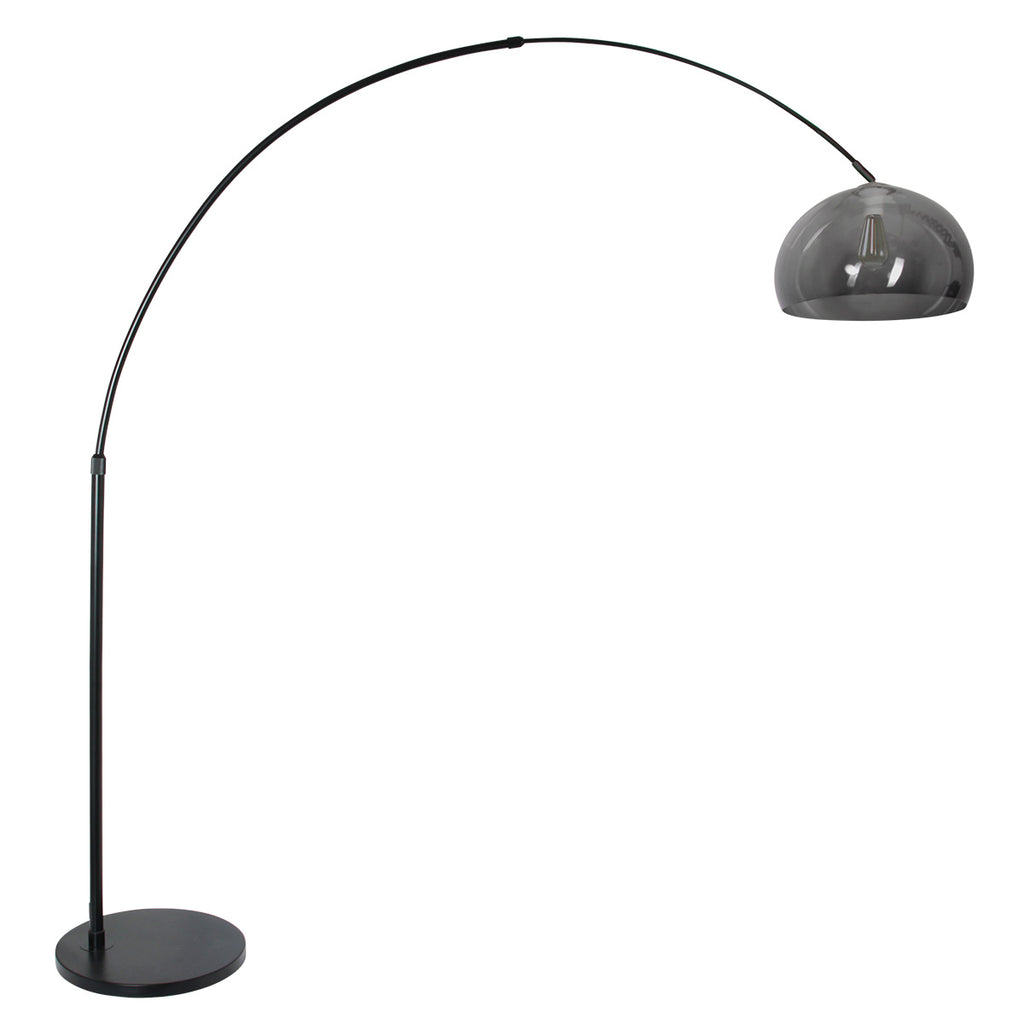 Bogenlampe aus Metall in Schwarz mit Kuppelschirm aus Rauchglas – H230 cm