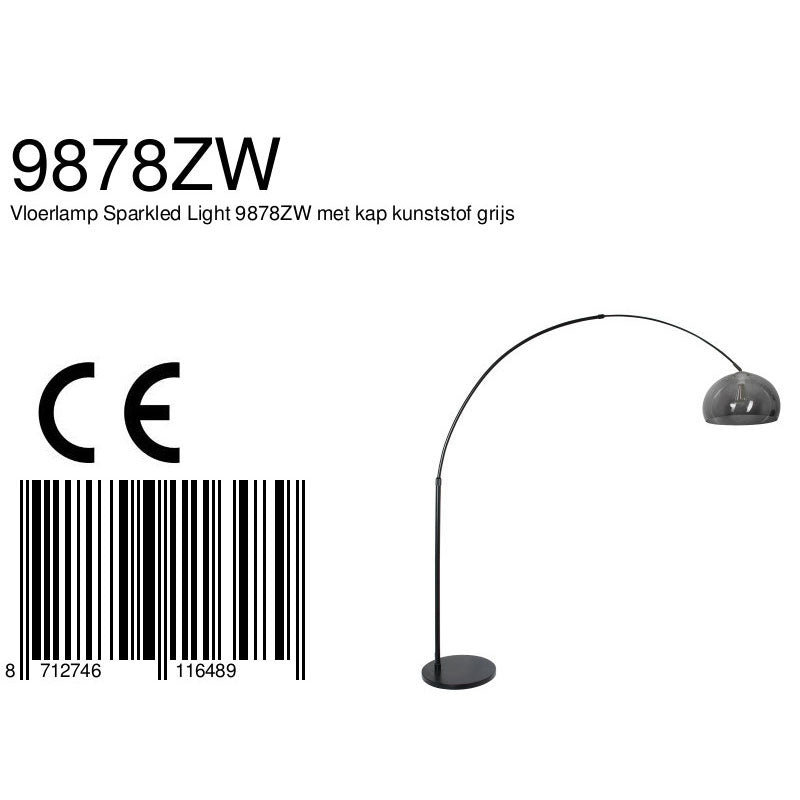 Bogenlampe aus Metall in Schwarz mit Kuppelschirm aus Rauchglas – H230 cm