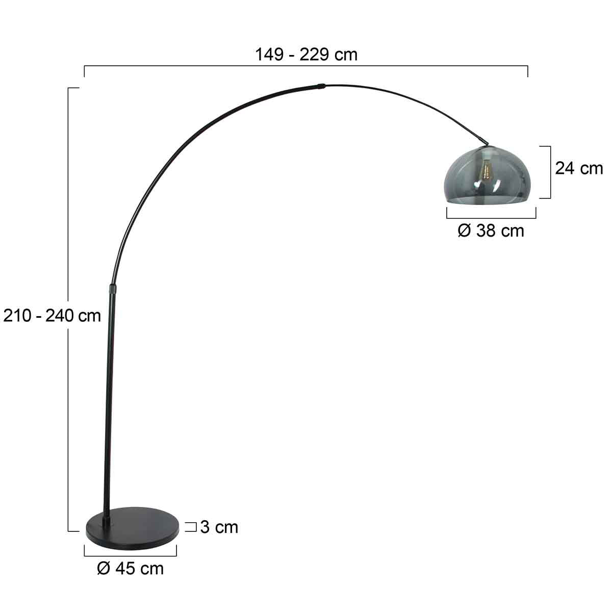 Bogenlampe aus Metall in Schwarz mit Kuppelschirm aus Rauchglas – H230 cm
