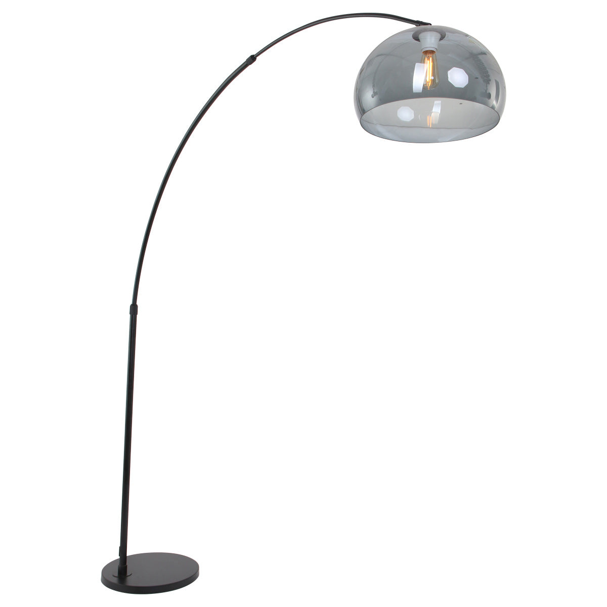 Bogenlampe aus Metall in Schwarz mit Kuppelschirm aus Rauchglas – H230 cm
